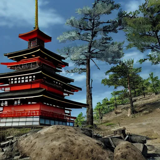 Image similar to chureito pagoda at mount fuji in ruins post - nuclear war in fallout 4, in game screenshot