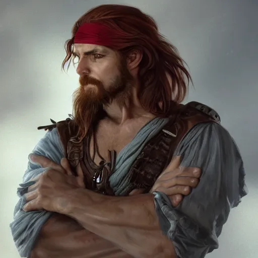 Prompt: portrait of a young ruggedly handsome but joyus pirate, male, masculine, upper body, red hair, very long hair, d & d, fantasy, intricate, elegant, highly detailed, digital painting, artstation, concept art, matte, sharp focus, illustration, art by artgerm and greg rutkowski and alphonse mucha