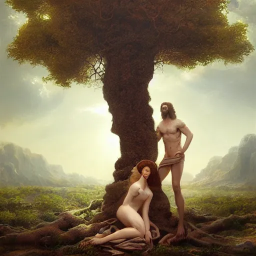 Prompt: breathtaking soft painting of adam and eve at paradise with the forbidden tree, art concept, artstation, realistic symmetrical face features, rembrandt style, elegant, highly detailed, artstation, concept art, matte, sharp focus, art by tom bagshaw, and greg rutkowski
