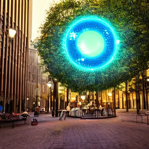 Prompt: a magical glowing elliptical portal in the middle of a city, through the portal you can see a magical forest