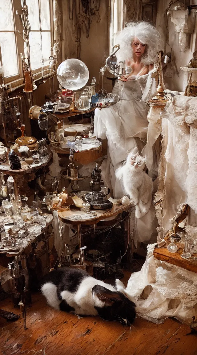 Image similar to full body protrait beautifull witch with white hair in old room. A cristal ball on a wood table with a potions and old instruments. A cat on the floor licking his paw. photorealistic, profesional photo, by Steve McCurry