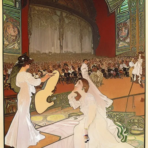 Prompt: painting by alphonse mucha, interior of an opera house with a singer in a white dress on a lighted stage with an orchestra and audience in the hall