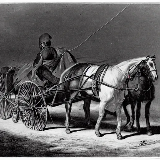 Image similar to a horse pulling a harnessed towed canon