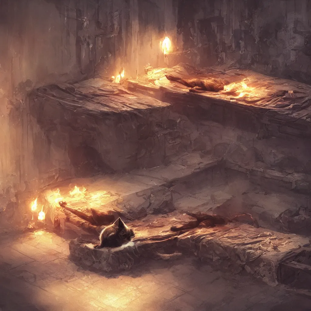 Image similar to cat laying on bed in under ground base, concept art, by greg rutkowski, fire