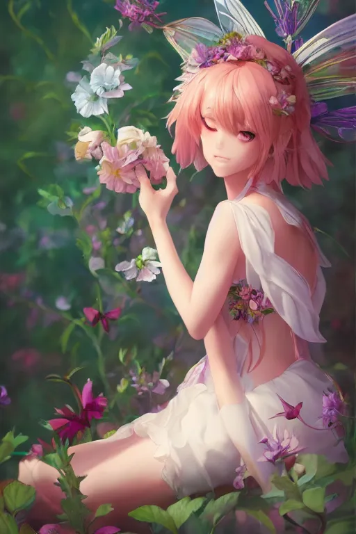 Image similar to a beautiful fairy girl sitting on a flower, character art portrait, anime key visual, official media, illustrated by wlop, extremely detailed, 8 k, trending on artstation, cinematic lighting, beautiful,