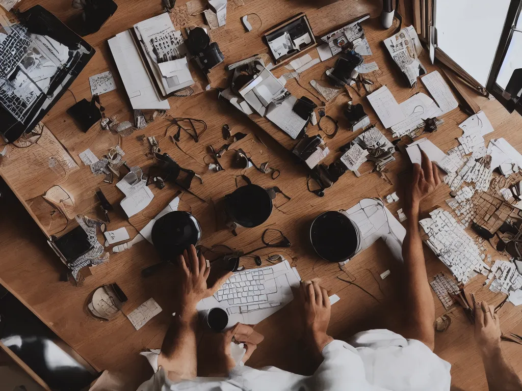 Prompt: pov candid photo of my hands at my desk, rows upon rows of perfectly organized knolled objects during sunrise in a cozy open - air design studio by james turrell, scale model floating in midair in front of me, brilliant daylight vr os ux, leica 8 k still from an a 2 4 film