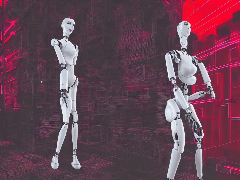 Image similar to beautiful tall female robot printed with red and black 3 d geometrical neon guarding a wall of computers!!!!!!!!!! + flowering vaporwave orchids!!!, transcendent, clean linework, dramatic, finely detailed, 4 k, trending on artstation, photorealistic, award winning, rule of thirds, volumetric lighting, octane render