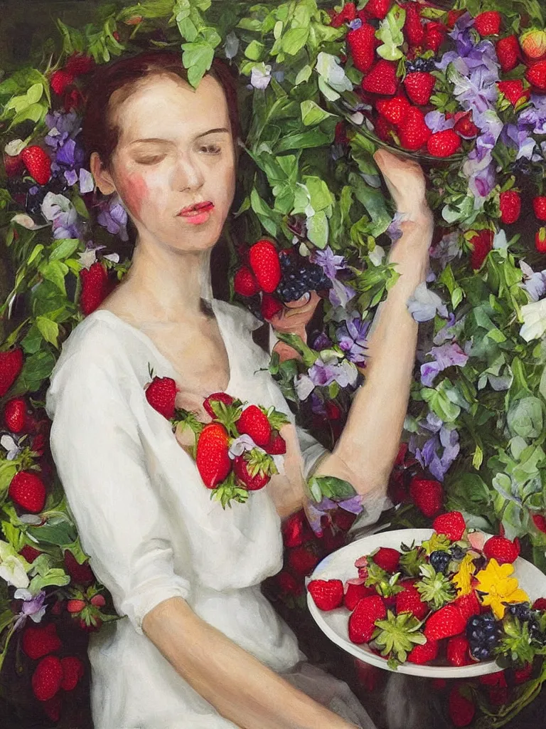 Image similar to “organic, portrait of a woman wearing white silk, neoexpressionist, eating luscious fresh raspberries and strawberries and blueberries, edible flowers”