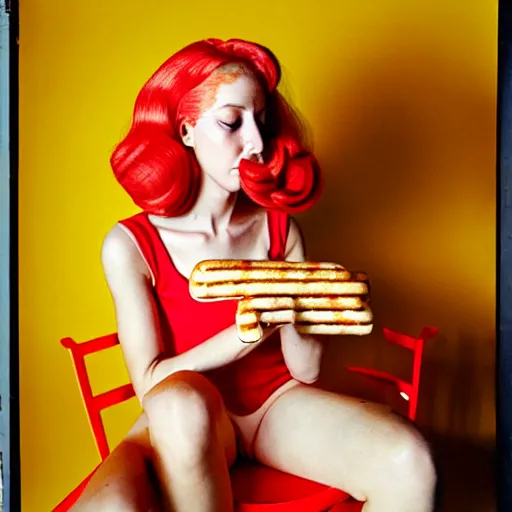 Image similar to a fashion model curls her hair using hot dogs. surreal photograph, toiletpaper magazine, 3 5 mm photograph, by pierpaolo ferrari, maurizio cattelan