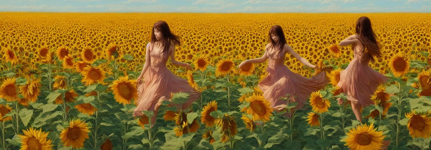 Image similar to beautiful young girl dancing in a fiery dress in a beautiful field of sunflowers and lilies, high detail, very realistic, by greg rutkowski, by james gurney ultra clear detailed, digital painting by ( ( makoto shinkai ) ), moebius moebius, surrealism, trending on artstation