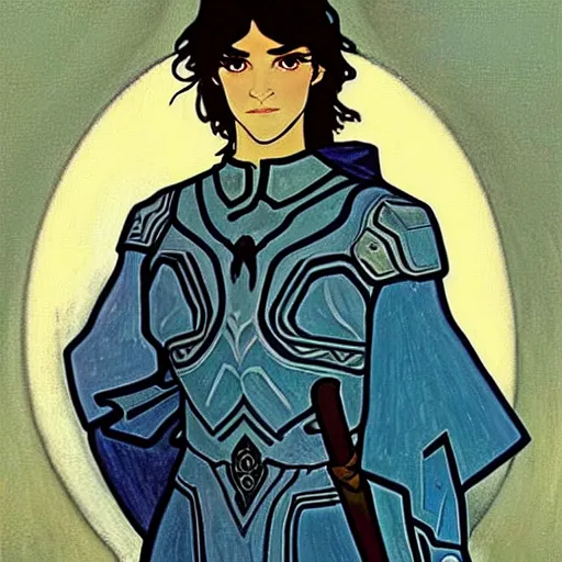 Image similar to painting of young handsome beautiful paladin elf!! man with long wavy dark hair in his 2 0 s named shadow taehyung at the blueberry party, wearing armor!, elegant, clear, painting, stylized, delicate, soft facial features, art, art by alphonse mucha, vincent van gogh, egon schiele,