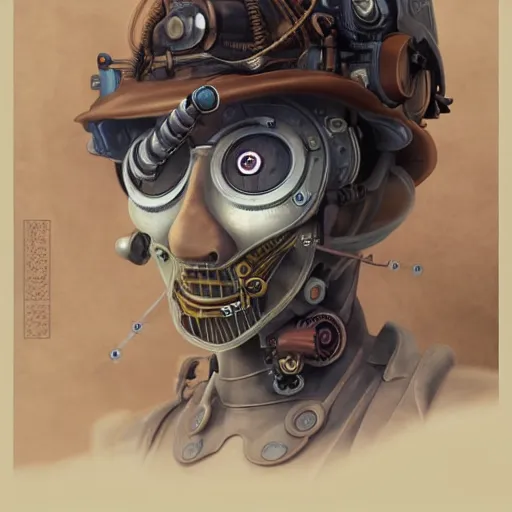 Image similar to portrait painting of a steampunk cyborg conspiracy theorist, transhumanism, ultra realistic, concept art, studio ghibli, intricate details, eerie highly detailed