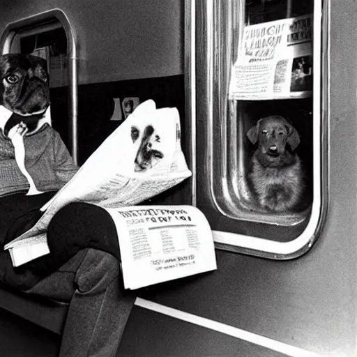 Image similar to a dog reading the newspaper on a subway train in new york, 1 9 7 0 colour photography