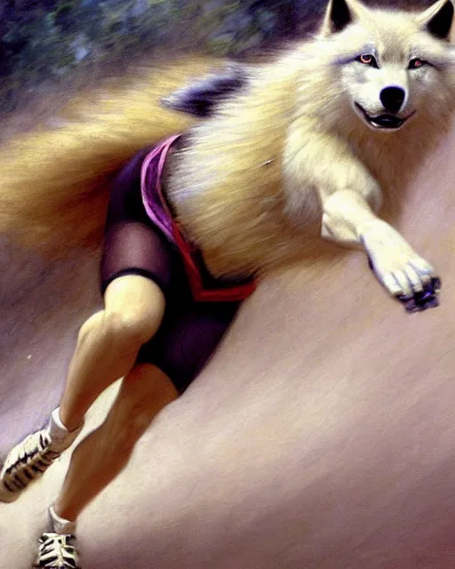 Image similar to a buff white female anthro wolf skating at a roller derby, 4 k, furaffinity, fursona, trending on artstation, energetic, speed, motion blur, by gaston bussiere, craig mullins, j. c. leyendecker, gustav klimt, artgerm, greg rutkowski, alphonse mucha