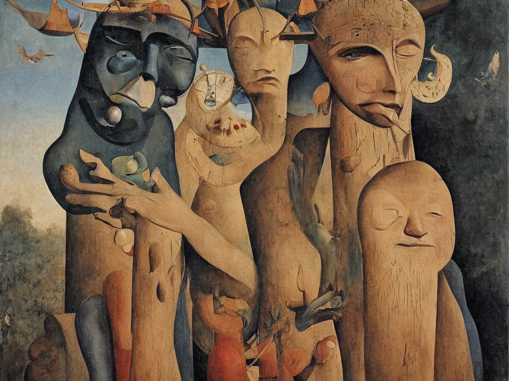 Image similar to Portrait of albino mystic with blue eyes, with wooden old shamanic totemic African archaic mask, sculpture. Painting by Bosch, Audubon, Rene Magritte, Agnes Pelton, Max Ernst, Walton Ford