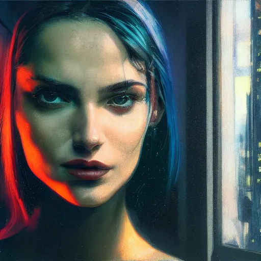 Image similar to detailed face of a woman, moment, cyberpunk cloisters, electronic billboards, tech noir, wet reflections, prism, atmospheric, ambient, pj crook, syd mead, livia prima, greg rutkowski, edward hopper