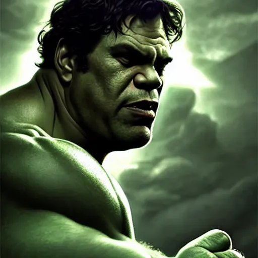 Image similar to mark ruffalo the hulk flexing his muscles, cinematic volumetric lighting f 8 aperture cinematic eastman 5 3 8 4 film photorealistic by greg rutkowski by stanley artgerm by alphonse mucha