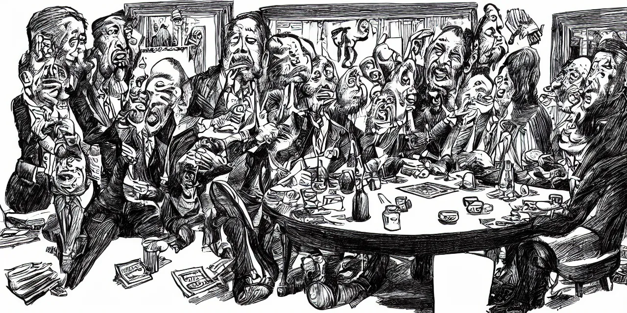 Image similar to surreal caricature sketch by r. crumb, theme of giant insects playing cards while seated around a round table