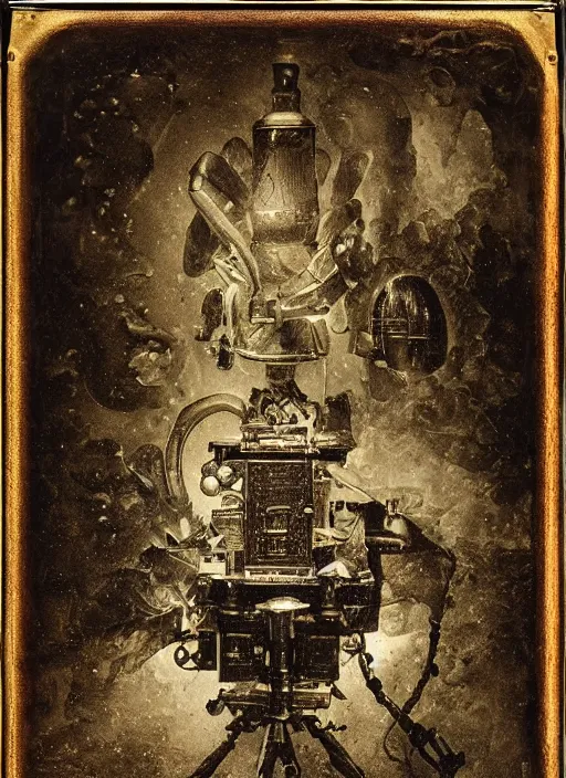 Image similar to old wetplate daguerreotype birth of artificial intelligence, fractal, intricate, elegant, highly detailed, parallax, leica, medium format, subsurface scattering, by jheronimus bosch and greg rutkowski and louis jacques mande daguerre