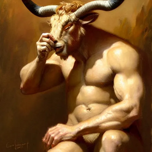 Image similar to a portrait of a minotaur smoking a joint. highly detailed painting by gaston bussiere, craig mullins, j. c. leyendecker, furry