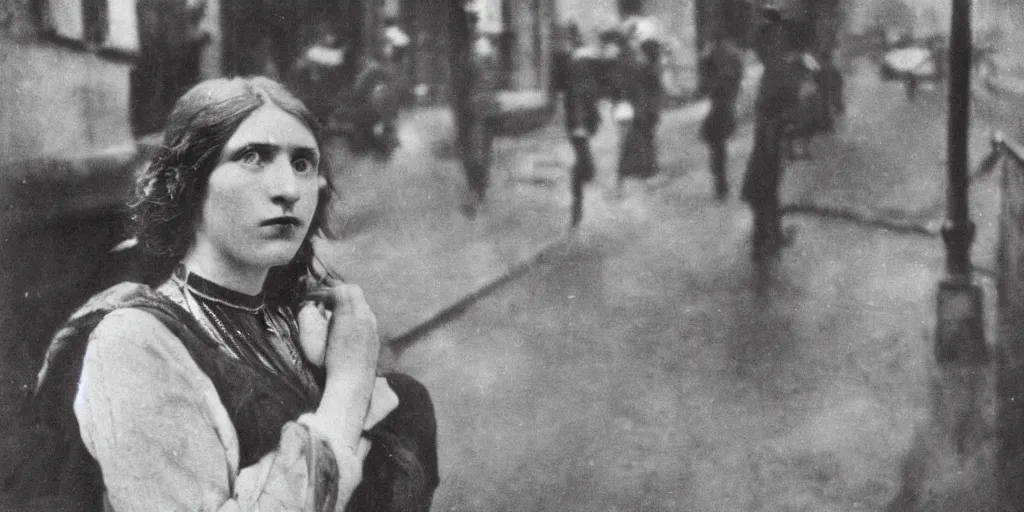 Image similar to a young woman with freckles looks deeply into the camera, 1920's london street, art nouveau, dark streets, grungy, style of Joel Meyerowitz, gustav klimpt, painterly