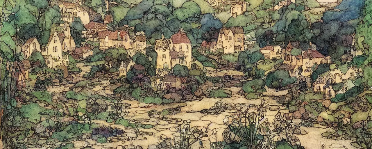 Prompt: a river running through a medieval village, summer, beautiful colors, by warwick goble, kay nielsen, award winning, highly detailed