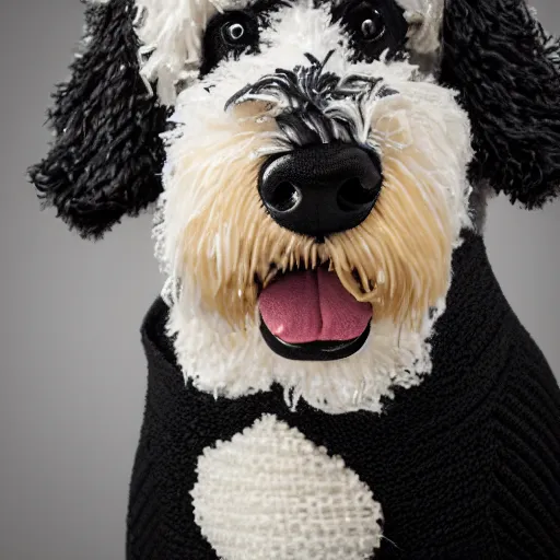 Image similar to a closeup photorealistic photograph of a smiling knitted bernedoodle judge dog dressed in a black gown, presiding over the courthouse. indoors, professional capture, well lit shot. this 4 k hd image is trending on artstation, featured on behance, well - rendered, extra crisp, features intricate detail, epic composition and the style of unreal engine.