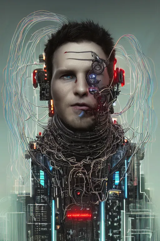 Image similar to head and shoulders render of man cyberpunk face ((single_glowing_red_eye red_emissives!)) android face mecha, inhuman creepy intimidating, exposed cable bundle. intricate wiring and black circuit board detailed. Tom Bagshaw and Greg Rutkowski and Alphonse Mucha Bladerunner 2049 artstation trending 165mm