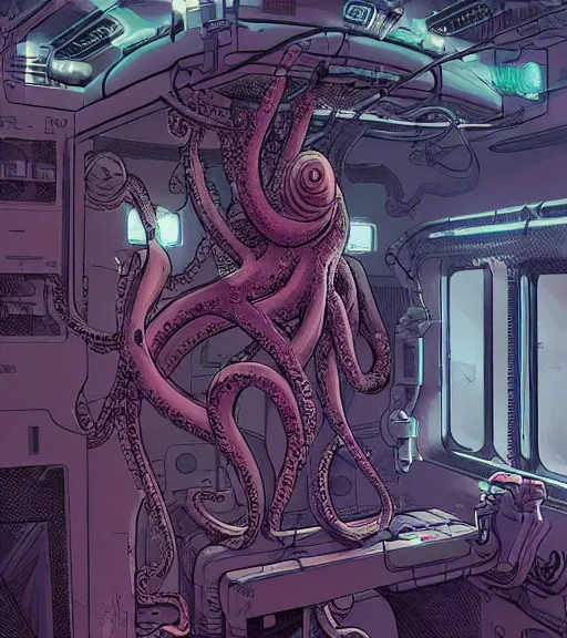 Image similar to a cybernetic realistic octopus in a space station, techwear, Industrial Scifi, detailed illustration, character portrait, by Martin Grip and Moebius