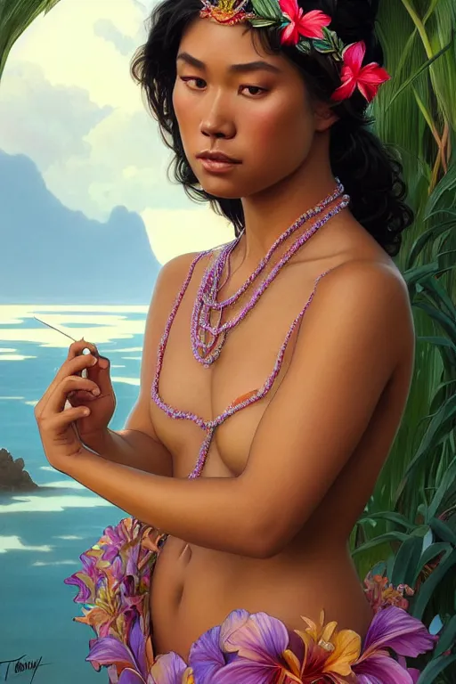 Prompt: body portrait of hawaiian princess wearing a lea, by terry o'neill intricate, elegant, highly detailed, digital painting, glistening skin, artstation, concept art, smooth, sharp focus, contrasting lighting, bright colors, dark background, illustration, art by artgerm and greg rutkowski and alphonse mucha, 8 k