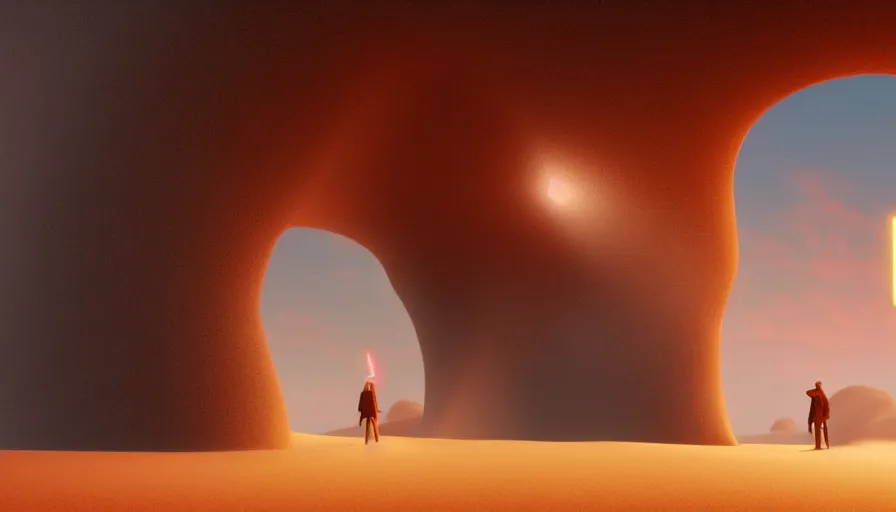 Image similar to a glowing magical portal inside a big wave made of sand fantasy desert, portal, a man watching over, lightning, sandstorm, by caspar david friedrich by james gilleard and justin gerard, artstation, smooth, sharp focus, by jean baptiste, octane render