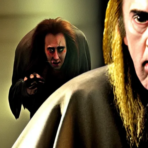 Image similar to Nic Cage fighting Nosferatu, Samson Pollen