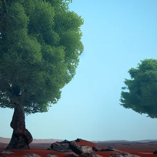 Image similar to mars surface with trees, 8 k, octane render, high details