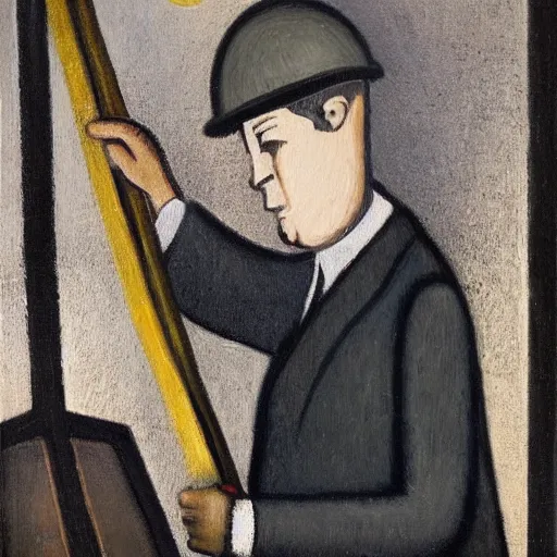 Image similar to painting of david cameron working in the coal mines, painted by laurence stephen lowry, oil on canvas, national gallery