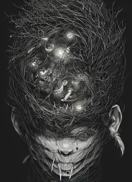 Image similar to nest on human head, open mouth, cruelty, pain, black crows, light effect, hyper detailed, intricate, elegant, highly detailed, digital painting, artstation, concept art, matte, sharp focus, illustration, by dan mumford, yusuke murata, makoto shinkai, ross tran