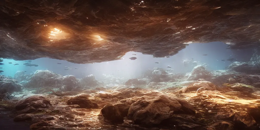 Image similar to underwater enviroment, unreal 5, hyperrealistic, realistic, photorealistic, dynamic lighting, highly detailed, cinematic landscape, studio landscape, studio lighting