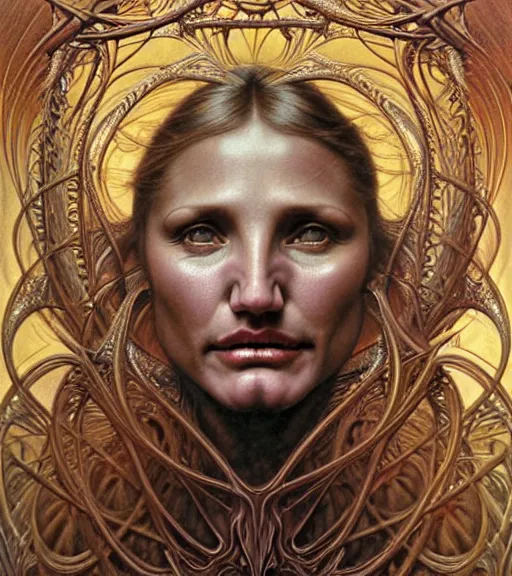 Image similar to detailed realistic cameron diaz face portrait by jean delville, gustave dore and marco mazzoni, art nouveau, symbolist, visionary, gothic, pre - raphaelite. horizontal symmetry by zdzisław beksinski, iris van herpen, raymond swanland and alphonse mucha. highly detailed, hyper - real, beautiful, fractal baroque