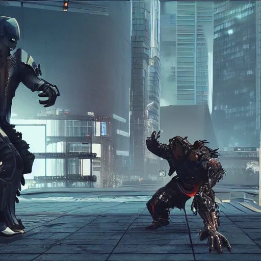 Image similar to cyberpunk wolfman holding a katana and jumping into action, tactical armor, action scene screenshot, unreal engine, high quality gloss art