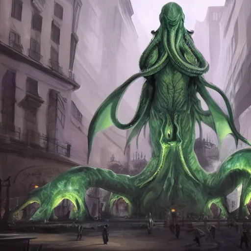 Image similar to high quality concept art of many huge statues of cthulhu in downtown, crowded people, dark fantasy, highly detailed, cinematic lighting