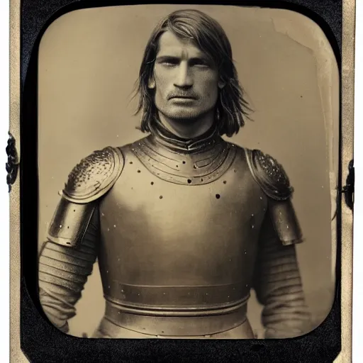 Image similar to tintype photo of jaime lannister, wearing armor, by julia margaret cameron 1 8 8 0 s, realistic, body shot, sharp focus, 8 k high definition, insanely detailed, intricate, elegant