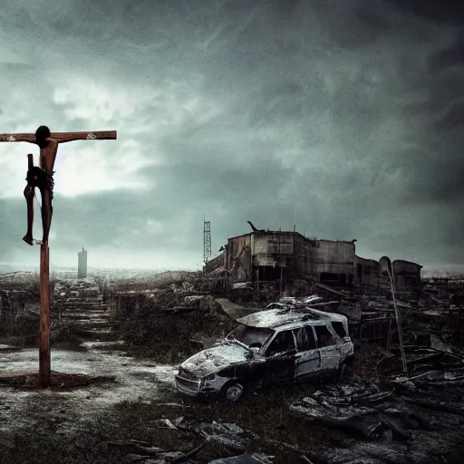 Image similar to postapocalyptic picture of a crucified man, ruins around, nuclear explosion, erik johansson style, conceptual art, the last day on the earth, insane detail hyper realistic 8 k textured