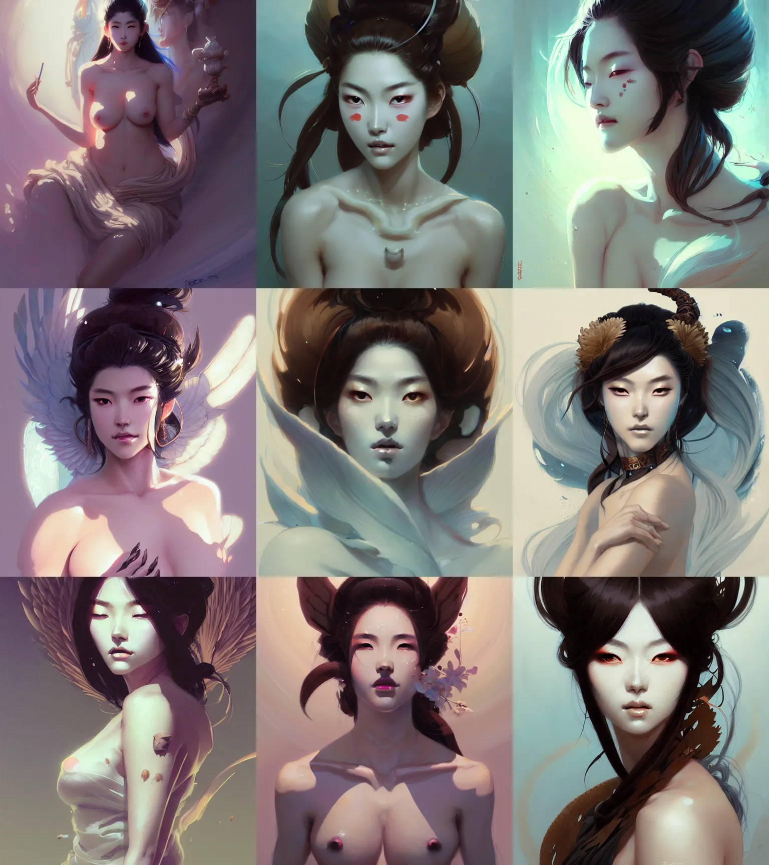 Prompt: portrait of a beautiful alluring immortal japanese goddess by pan ren wei, by greg rutkowski, by greg tocchini, by james gilleard, by joe fenton, by kaethe butcher, by rick wade art, dynamic lighting, gradient light blue, brown, blonde cream and white color scheme, grunge aesthetic
