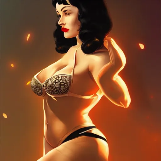 Image similar to portrait of gtav bettie page, intricate, elegant, glowing lights, highly detailed, digital painting, artstation, glamor pose, concept art, smooth, sharp focus, illustration, art by artgerm and greg rutkowski, artey freytag