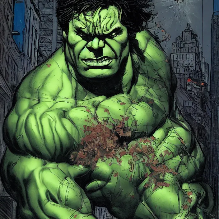 Prompt: a portrait of the incredible hulk looking angry in new york city by james jean and brian despain dramatic lighting.
