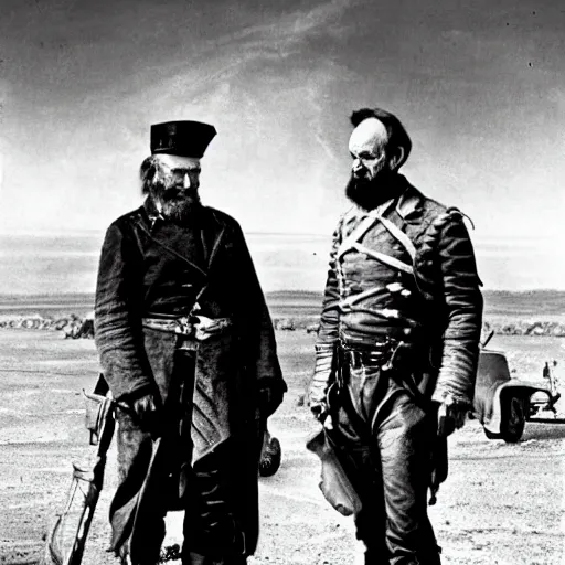 Prompt: William Tecumseh Sherman and Abraham Lincoln in the movie Mad Max Road Warrior, movie still, cinematic, Eastman 5384 film