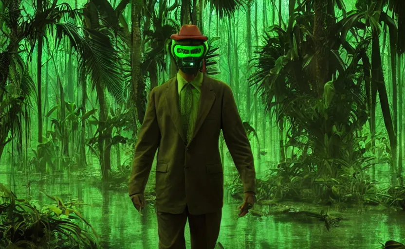 Image similar to snake oil saleman demigod with neon green mask in a swampy jungle landscape, visible sky and humid atmosphere, the salesman's dream by alejandro jodorowsky and denis villeneuve, kodakchrome, cinematic composition, practical effects, 8 k