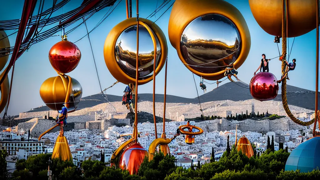 Prompt: large colorful futuristic space age metallic steampunk steam - powered balloons with pipework and electrical wiring around the outside, and people on rope swings underneath, flying high over the beautiful athens city landscape, professional photography, 8 0 mm telephoto lens, realistic, detailed, photorealistic, photojournalism