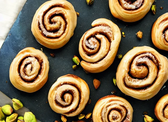 Prompt: cinnamon buns with honey and pistachios