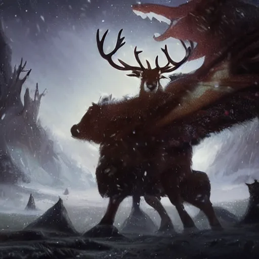 Prompt: Reindeer, Anthropomorphized, casting epic spell, magic the gathering artwork, D&D, fantasy, cinematic lighting, centered, symmetrical, highly detailed, digital painting, artstation, concept art, smooth, sharp focus, illustration, volumetric lighting, epic Composition, 8k, art by Akihiko Yoshida and Greg Rutkowski and Craig Mullins, heroic pose, oil painting, cgsociety, magic lab background