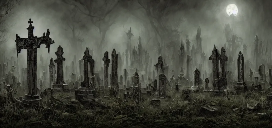 Prompt: A dark and haunted graveyard with ghost and zombies in the style of Keith Thompson, christopher bretz and kael ngu and Zdzislaw Beksinski, Artstation HD, 8k, Surrealistic digital artwork, highly detailed, digital painting, HDRI, vivid colors, high contrast, 8k resolution, intricate, photorealistic, smooth